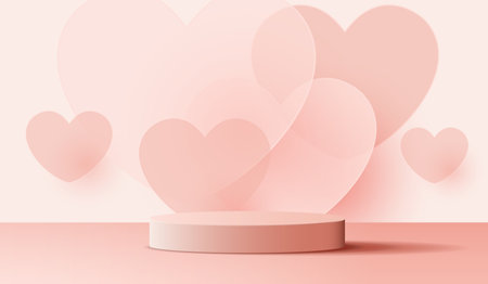 Pink podium display background products for valentineâs day in love platform. stand to show cosmetic with craft style. symbols of love for happy. vector design.のイラスト素材