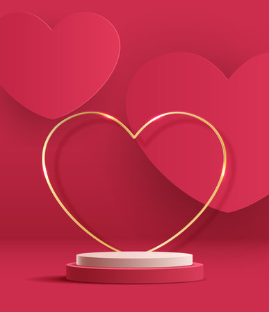 Pink podium display background products for valentineâs day in love platform. stand to show cosmetic with craft style. symbols of love for happy. vector design.のイラスト素材