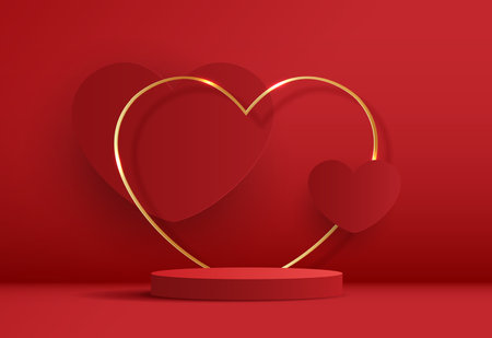 Red podium display background products for valentineâs day in love platform. stand to show cosmetic with craft style. symbols of love for happy. vector design.のイラスト素材
