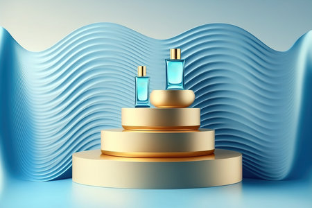 illustration of a skincare cosmetic bottle displayed resting on a podium floating on the surface of the rippling water. 3d moisturizer banner ad. maintenance skin. Generative AI.の写真素材