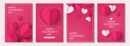 Valentine's day posters or banner set with pink and paper cut heart. place for text. holiday banners, web, poster, flyers, voucher template, brochures and greeting cards. vector design.のイラスト素材