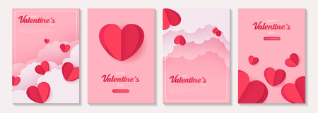 Valentine's day posters or banner set with pink sky and paper cut clouds, heart. place for text. holiday banners, web, poster, flyers, voucher template, brochures and greeting cards. vector design.のイラスト素材