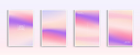 Pastel gradient backgrounds vector set. Soft tender pink, purple, yellow and orange colours abstract background for app, web design, webpages, banners, greeting cards. Vector design.のイラスト素材
