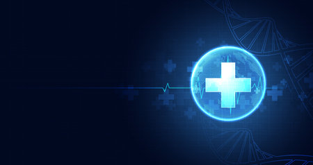 Healthcare medical science healthcare icon digital technology world concept modern business innovation, treatment, medicine. abstract about hi tech future blue background and medical research. vector.のイラスト素材