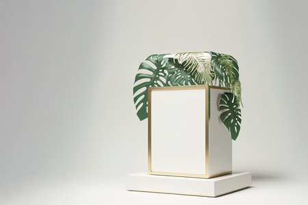 Front view 3D product round short podium on pink white gold for business with background is a tropical forest and various leaves. copy-space. Generative AI.の写真素材
