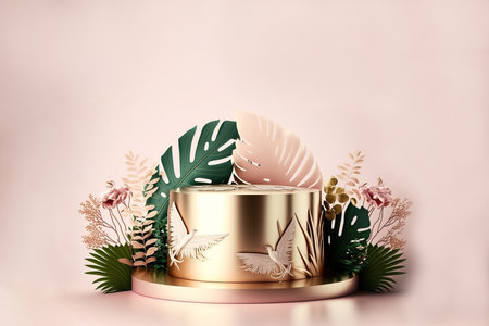 Front view 3D product round short podium on pink white gold for business with background is a tropical forest and various leaves. copy-space. Generative AI.の写真素材