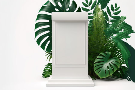 Front view 3D product round short podium on green white gold for business with background is a tropical forest and various leaves. copy-space. Generative AI.の写真素材