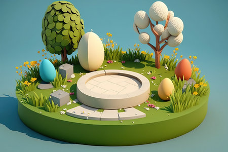Happy easter day, 3d Easter eggs podium with geometry platform for product display. Stage showcase on pedestal display studio. Generative AI.の素材