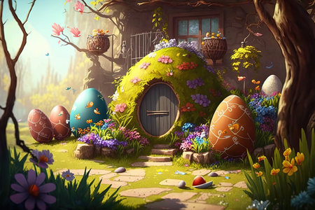 Easter eggs have many beautiful colors in the garden and flower. Celebration concept happy easter day. eggs on Easter day. Generative AI.の素材