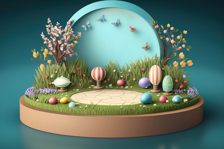 Happy easter day, 3d Easter eggs podium with geometry platform for product display. Stage showcase on pedestal display studio. Generative AI.の素材
