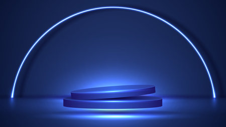 Podium or stand with line gradient neon in Sci-fi. abstract scene with pink and blue neon frame. vector rendering product display. futuristic minimal scene. vector design.のイラスト素材