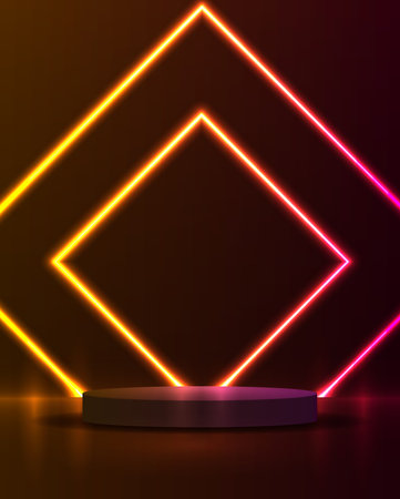Podium or stand with line gradient neon in Sci-fi. abstract scene with pink and blue neon frame. vector rendering product display. futuristic minimal scene. vector design.のイラスト素材