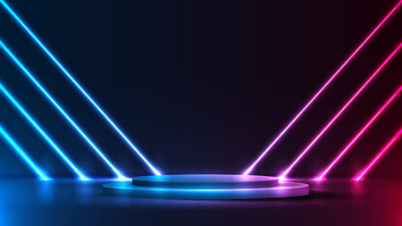 Podium or stand with line gradient neon in Sci-fi. abstract scene with pink and blue neon frame. vector rendering product display. futuristic minimal scene. vector design.のイラスト素材