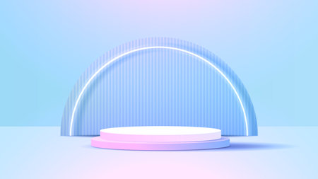 Display podium or stand with blue and pink gradient for product presentation in pastel colors room. minimal style ideal for presentation product platform, advertisement, package showing. vector.のイラスト素材