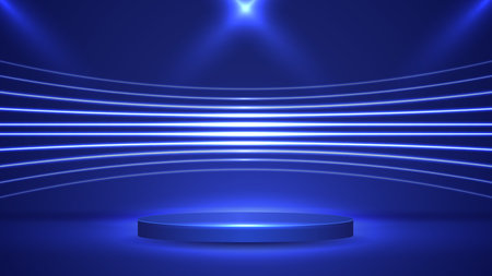 Podium or stand with line gradient neon in Sci-fi. abstract scene with pink and blue neon frame. vector rendering product display. futuristic minimal scene. vector design.のイラスト素材