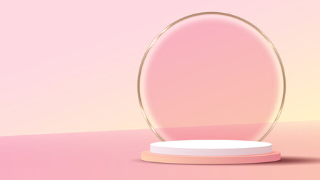 Display podium or stand with yellow and pink gradient for product presentation in pastel colors room. minimal style ideal for presentation product platform, advertisement, package showing. vector.のイラスト素材