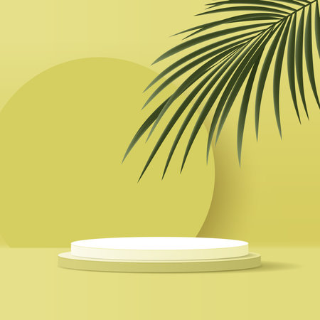 Minimal cosmetic yellow background and premium podium display for product presentation branding and packaging presentation. studio stage with shadow of leaf background. vector design.のイラスト素材
