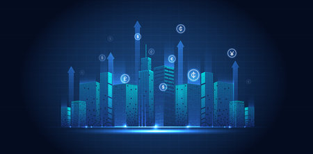 Smart city or network wireless with electric icons. graphic of buildings with digital technology element for website, mobile app. vector design.のイラスト素材