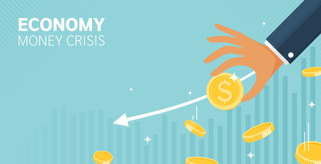 Hand holding coins during economic currency crisis. economic recession, crisis or bankruptcy concept, investor falling from stack of unstable money. arrow graphs fall down. vector design.のイラスト素材
