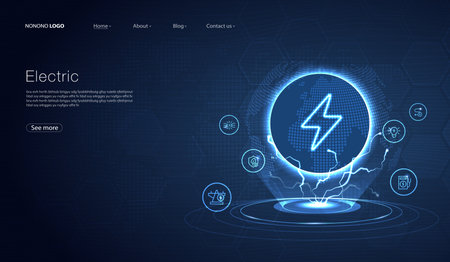 Electric power symbol, lightning bolt sign with icons glowing, green renewable energy concept, futuristic technology with turquoise neon for website, mobile app. vector design.のイラスト素材