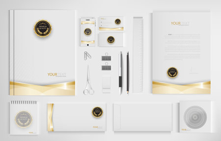 Office equipment kits include notebooks, business cards, pencils, pens, erasers, rulers, scissors.のイラスト素材