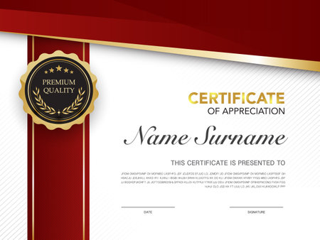 Diploma certificate template red and gold color with luxury and modern style vector image Premium Vector.のイラスト素材
