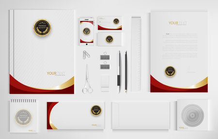 Office equipment kits include notebooks, business cards, pencils, pens, erasers, rulers, scissors.のイラスト素材
