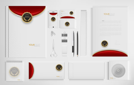 Office equipment kits include notebooks, business cards, pencils, pens, erasers, rulers, scissors.のイラスト素材