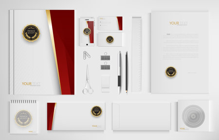 Office equipment kits include notebooks, business cards, pencils, pens, erasers, rulers, scissors.のイラスト素材