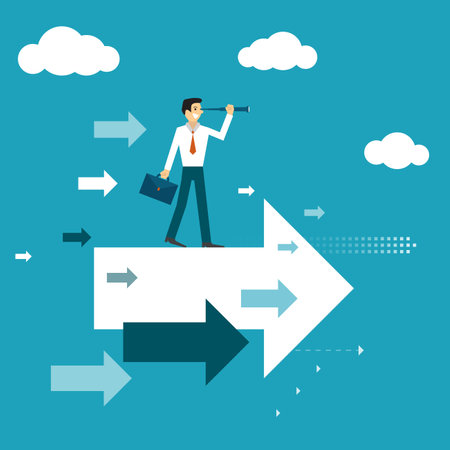 Businessman cartoon character standing on an arrow holding binoculars looking for a goal of success. goals for business success. concept about Effort, determination, success.のイラスト素材