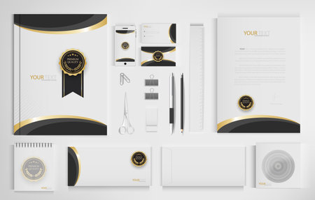 Office equipment kits include notebooks, business cards, pencils, pens, erasers, rulers, scissors.のイラスト素材