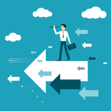 Businessman cartoon character standing on an arrow holding binoculars looking for a goal of success. goals for business success. concept about Effort, determination, success.のイラスト素材