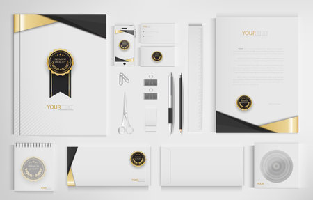 Office equipment kits include notebooks, business cards, pencils, pens, erasers, rulers, scissors.のイラスト素材