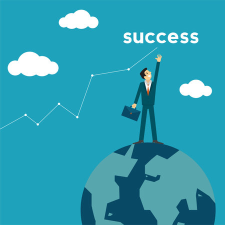 Businessman cartoon character standing on the earth reaching for success. goals for business success. concept about effort, determination, success.のイラスト素材