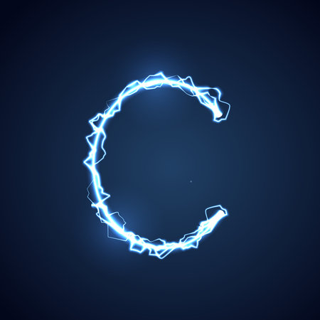 Blue lightning style letter or alphabet C. lightning and thunder bolt or electric font, glow and sparkle effect on blue background. vector design.のイラスト素材