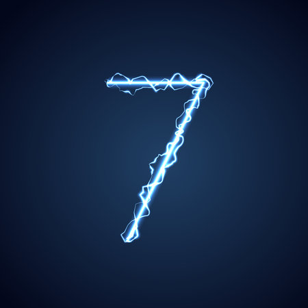 Blue lightning style letter or alphabet 7. lightning and thunder bolt or electric font, glow and sparkle effect on blue background. vector design.のイラスト素材