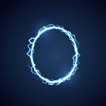Blue lightning style letter or alphabet O. lightning and thunder bolt or electric font, glow and sparkle effect on blue background. vector design.のイラスト素材