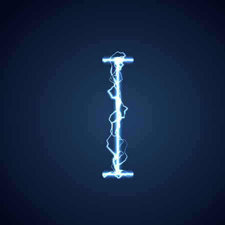 Blue lightning style letter or alphabet I. lightning and thunder bolt or electric font, glow and sparkle effect on blue background. vector design.のイラスト素材