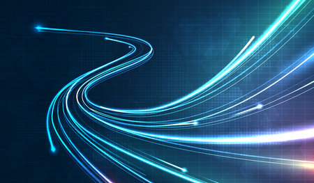 Blue light streak, fiber optic, speed line, futuristic background for 5g or 6g technology wireless data transmission, high-speed internet in abstract. internet network concept. vector design.のイラスト素材