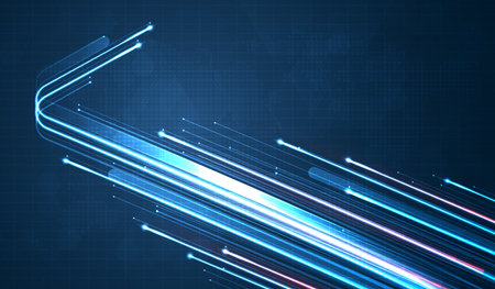 Blue light streak, fiber optic, speed line, futuristic background for 5g or 6g technology wireless data transmission, high-speed internet in abstract. internet network concept. vector design.のイラスト素材