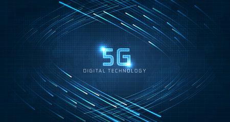 Blue light streak, fiber optic, speed line, futuristic background for 5g or 6g technology wireless data transmission, high-speed internet in abstract. internet network concept. vector design.のイラスト素材