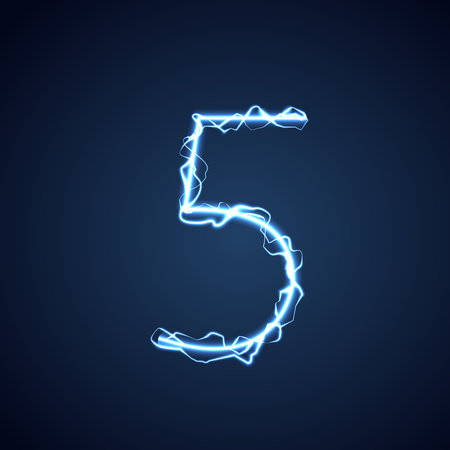 Blue lightning style letter or alphabet 5. lightning and thunder bolt or electric font, glow and sparkle effect on blue background. vector design.のイラスト素材