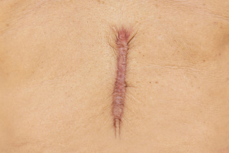 Close up of Scar caused by abdominal aorta surgery in elderly men. Cyanotic keloid Scars caused by abdominal surgery and suturing. skin imperfections or defects.の写真素材