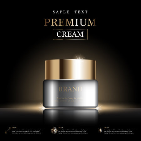 Hydrating facial cream for annual sale or festival sale. gold serum mask bottle isolated on glitter particles background. Graceful cosmetic ads, illustration.のイラスト素材