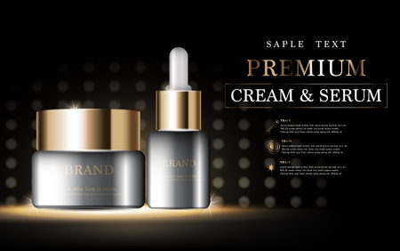 Hydrating facial cream and serum for annual sale or festival sale. gold serum mask bottle isolated on glitter particles background. Graceful cosmetic ads, illustration.のイラスト素材