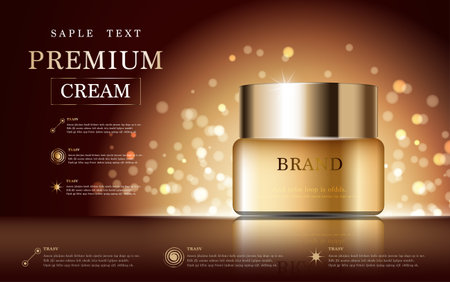 Hydrating facial cream for annual sale or festival sale. blue and gold serum mask bottle isolated on glitter particles background. Graceful cosmetic ads, illustration.のイラスト素材
