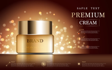 Hydrating facial cream for annual sale or festival sale. blue and gold serum mask bottle isolated on glitter particles background. Graceful cosmetic ads, illustration.のイラスト素材