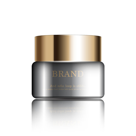 Hydrating facial cream for annual sale or festival sale. gold serum mask bottle isolated on glitter particles background. Graceful cosmetic ads, illustration.のイラスト素材