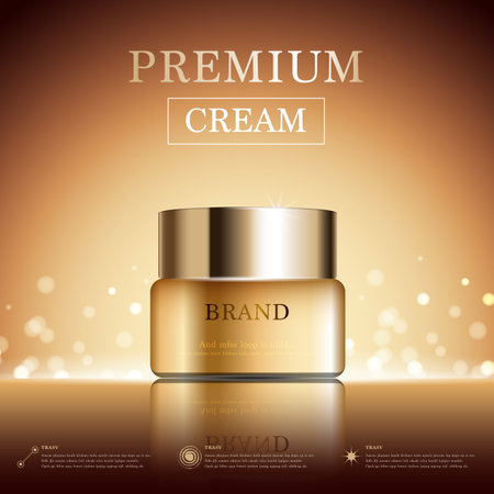 Hydrating facial cream for annual sale or festival sale. gold serum mask bottle isolated on glitter particles background. Graceful cosmetic ads, illustration.のイラスト素材