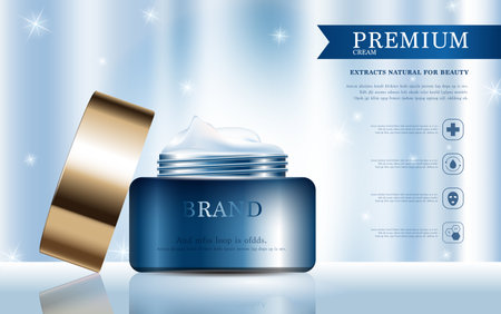 Hydrating facial cream for annual sale or festival sale. gold serum mask bottle isolated on glitter particles background. Graceful cosmetic ads, illustration.のイラスト素材